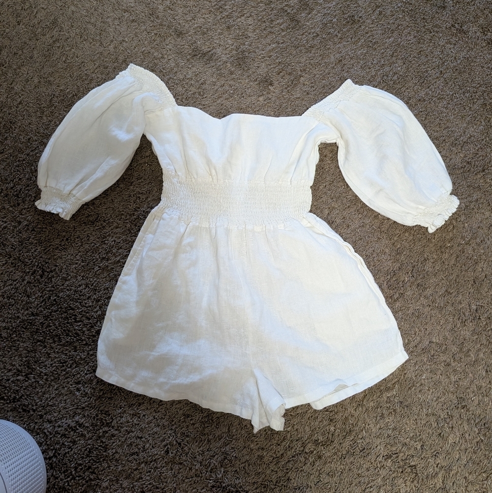 We Wore What 100% Linen Off Shoulder Romper White L/G Pockets